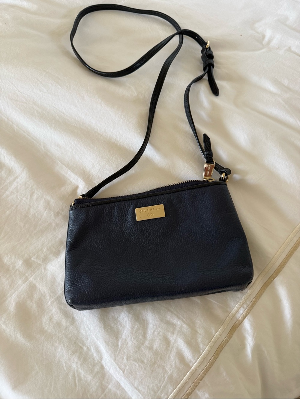 Cole Haan Black Pebbled Leather Crossbody with Gold Plaque